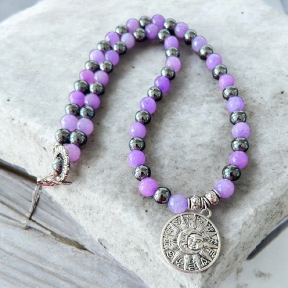 Purple Jade Beaded Necklace | Sun & Moon Charm | 18”